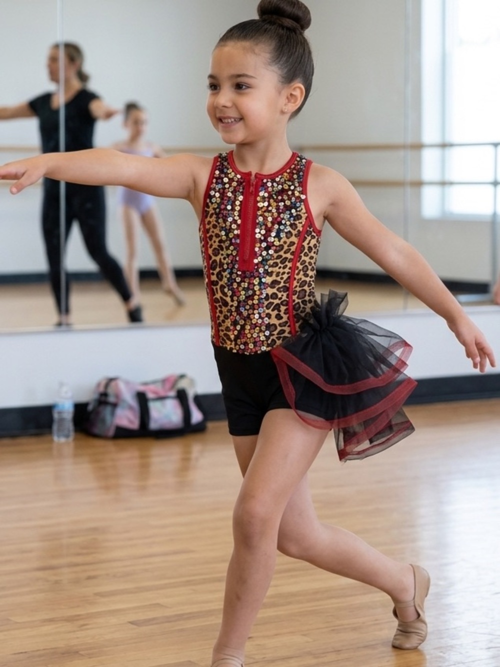 Girls Leopard Sequin Dance Costume with Black Tulle Skirt - Red Trim